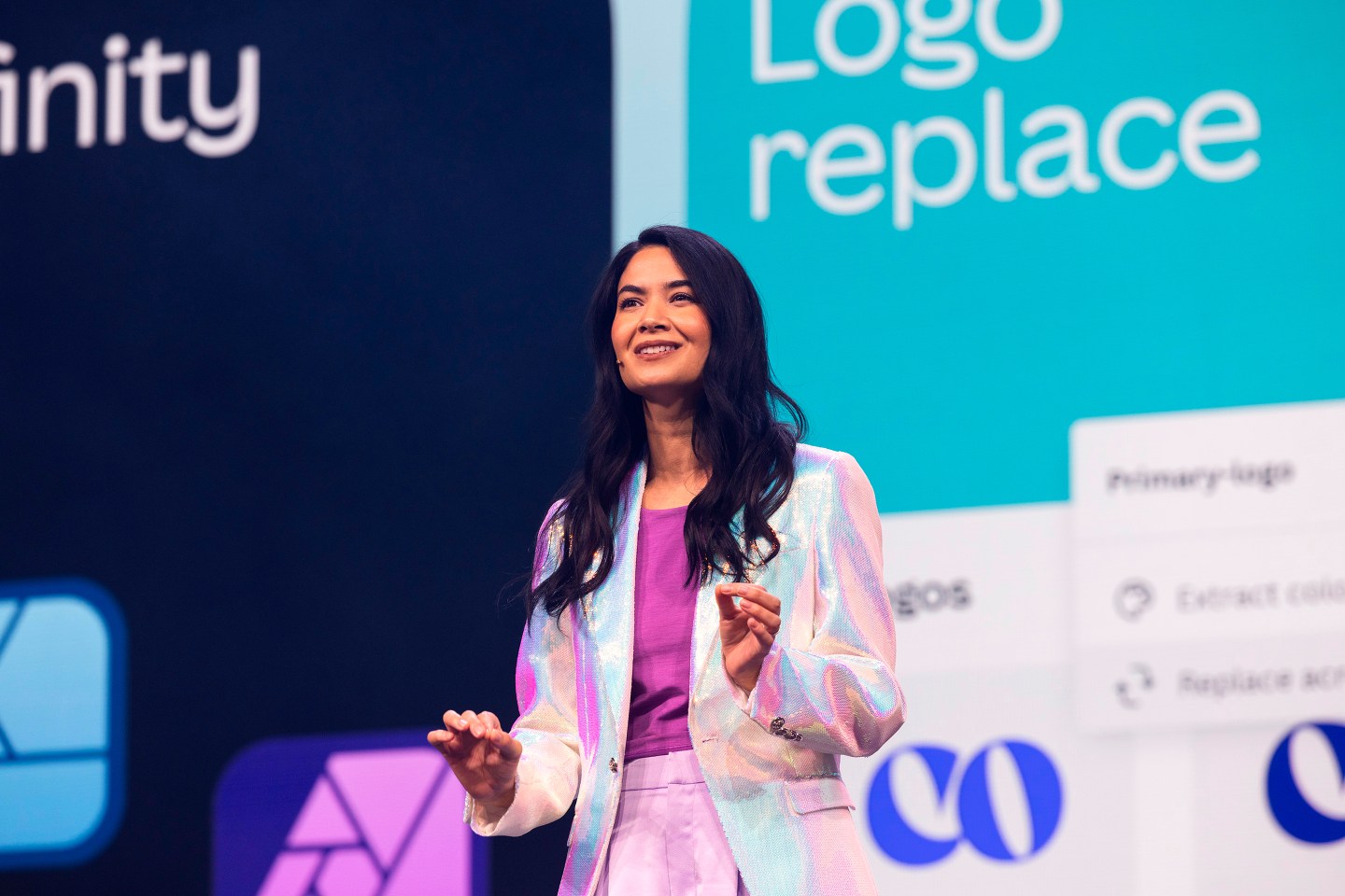 Melanie Perkins, chief executive officer and co-founder of Canva Inc., speaks during the Canva Create event in Inglewood, California, US, on Thursday, May 23, 2024. Canva&#039;s platform has gained popularity among smaller companies and Gen Zs since its inception in 2013, and more recently sought to attract larger enterprise customers. Photographer: Alisha Jucevic/Bloomberg via Getty Images